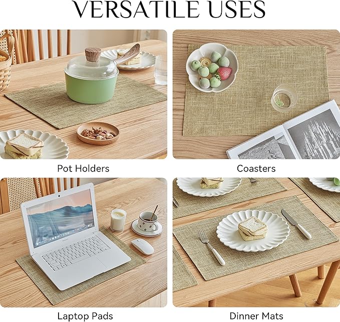 Softalker Faux Linen Placemats Set of 6-12 x 18 Inch, Heat Resistant Double Layered Durable Burlap Farmhouse Place Mats, Non-Slip Washable Rustic Table Mats for Dining, Kitchen, Party（Khaki