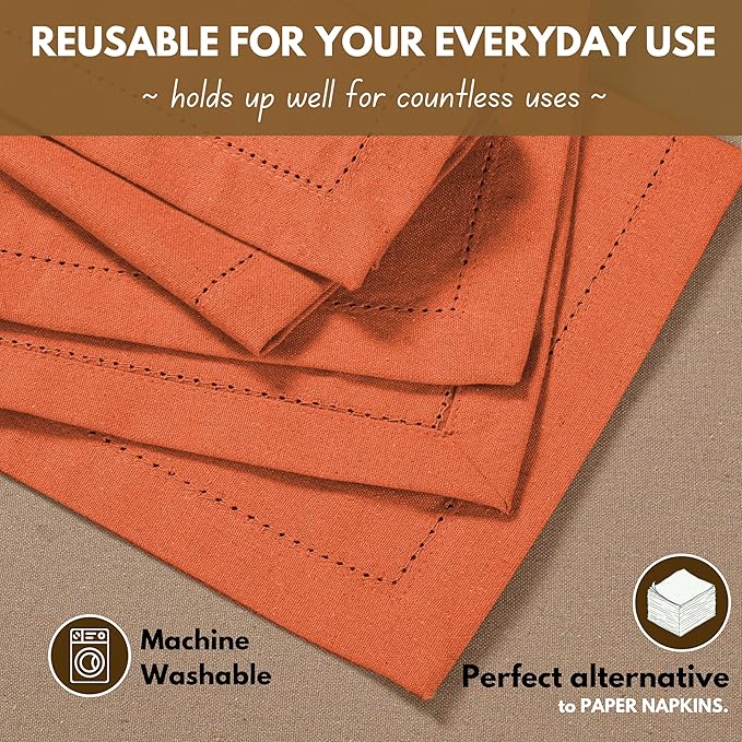 Native Fab Cloth Napkins, Set of 4, 100% Cotton, Hemstitch Mitered Corners, 18 x 18 inch, Soft, Washable, Absorbent, Reusable, Hotel Linen Quality - Events,Wedding, Party, Dinner Napkins - Orange