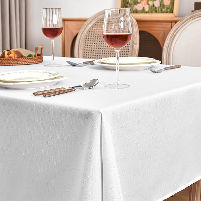 Fitable Faux Linen White Tablecloths for Rectangle Tables - 90 x 132 Inch - 6 Pack Fabric Textured Washable Table Clothes Floor Lenghth Table Covers for Wedding, Party, Banquet, Birthday