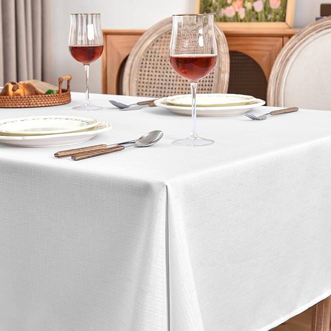 Fitable Faux Linen White Tablecloths for Rectangle Tables - 60 x 84 Inch - 6 Pack Fabric Textured Folding Table Clothes Faux Burlap 4 Ft Table Covers for Wedding, Party, Banquet, Birthday