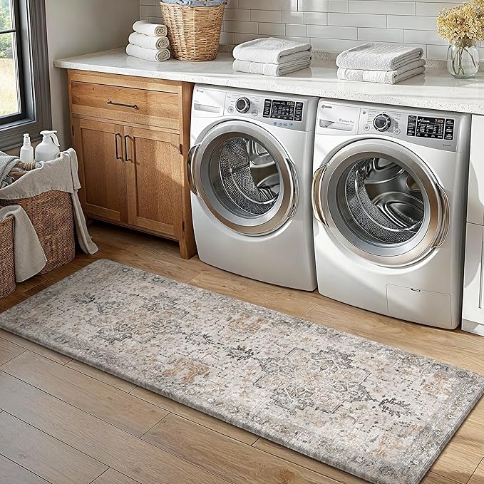 GENIMO 17.3"x59"+17.3"x30"-0.47 Kitchen Mats for Floor 2PCs, Washable Anti Fatigue Mat for Cushioned, Waterproof Kitchen Rugs, Non Slip Comfort Standing Mat Rug for Home, Sink, LightTaupeBrown