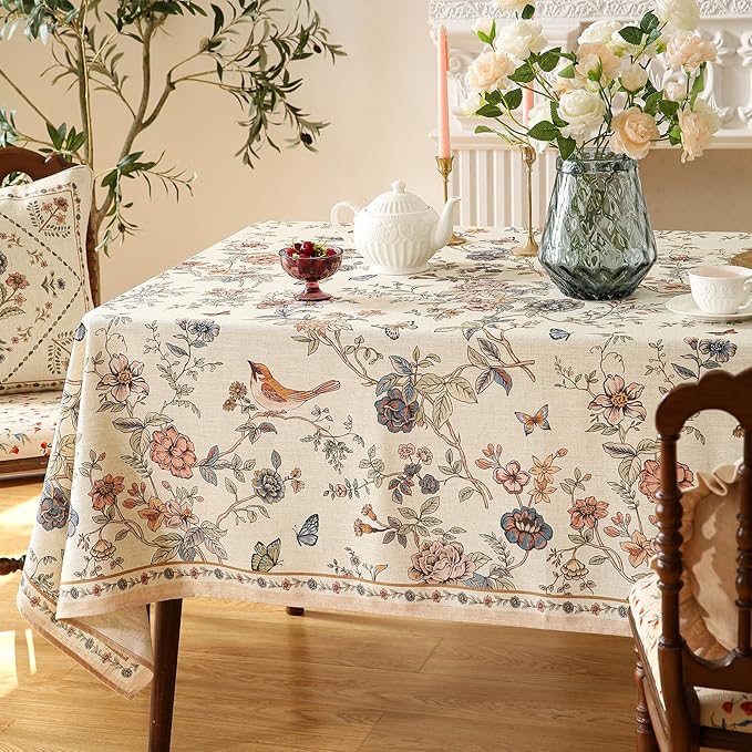 French Tablecloth for Square Tables,Linen Table Cloth with Flowers and Birds Pattern,Heavy Durable Table Cover for Dining Thanksgiving Kitchen Decor Party Banquet Christmas,55"*55"