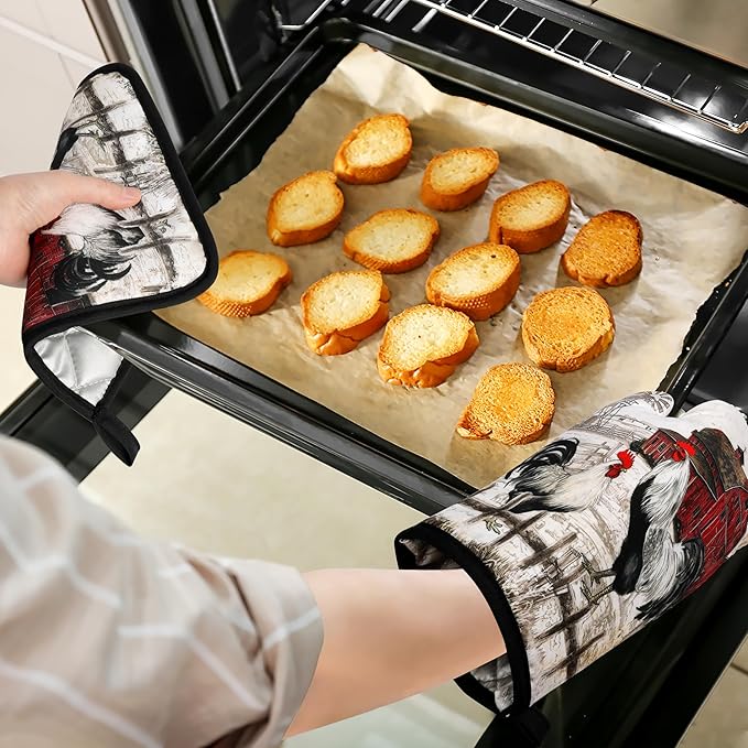 Rooster Print Oven Mitts and Pot Holders Sets of 4 Rustic Chicken Kitchen Mitts Potholders Heat Resistant Farmhouse Cute Oven Gloves Hot Pads for Chicken Kitchen Decor