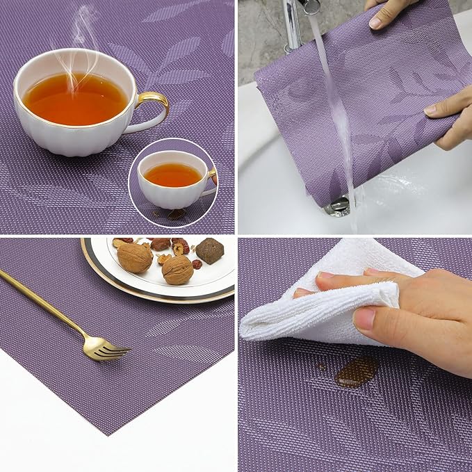 SHACOS Woven Vinyl Placemats Set of 4 Purple Leaf Pattern Place Mats Wipe Clean Durable PVC Heat Resistant Table Mats (4, Leaf Purple)