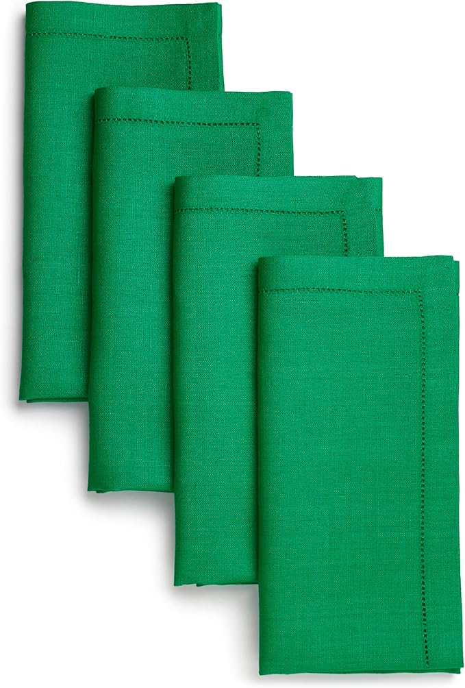 D'Moksha Homes Linen Dinner Napkins 20 x 20 Inch - 100% Pure Linen Kelly Green Napkins Set of 4 - Classic Hemstitch - Washable Kelly Green Cloth Napkins for Summer