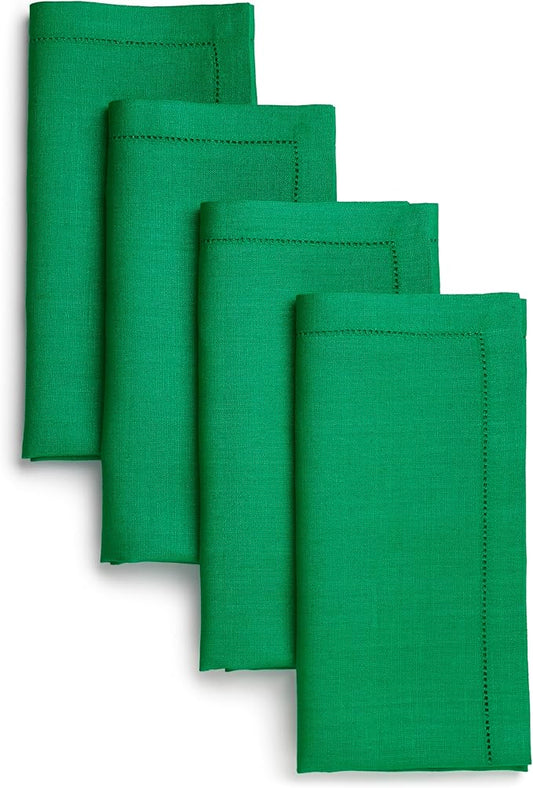 D'Moksha Homes Linen Dinner Napkins 20 x 20 Inch - 100% Pure Linen Kelly Green Napkins Set of 4 - Classic Hemstitch - Washable Kelly Green Cloth Napkins for Summer