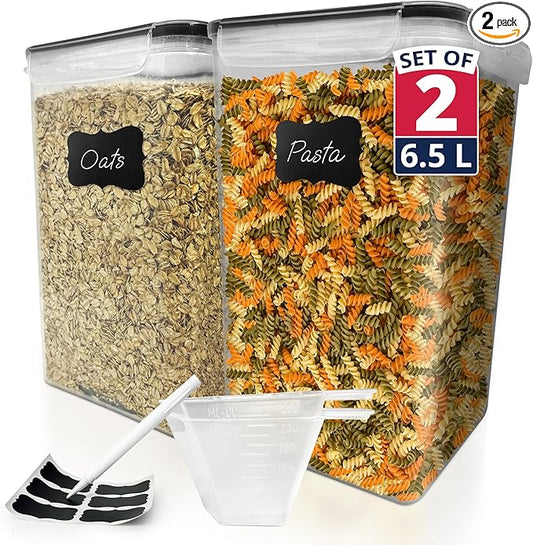 Reli. 6.5L Airtight Food Storage Containers with Lids (2 Sets) | Kitchen Organizers and Storage Containers, Pantry Organizers | BPA Free Plastic XL Set w/ 2 Measuring Cups, 12 Labels, Pen