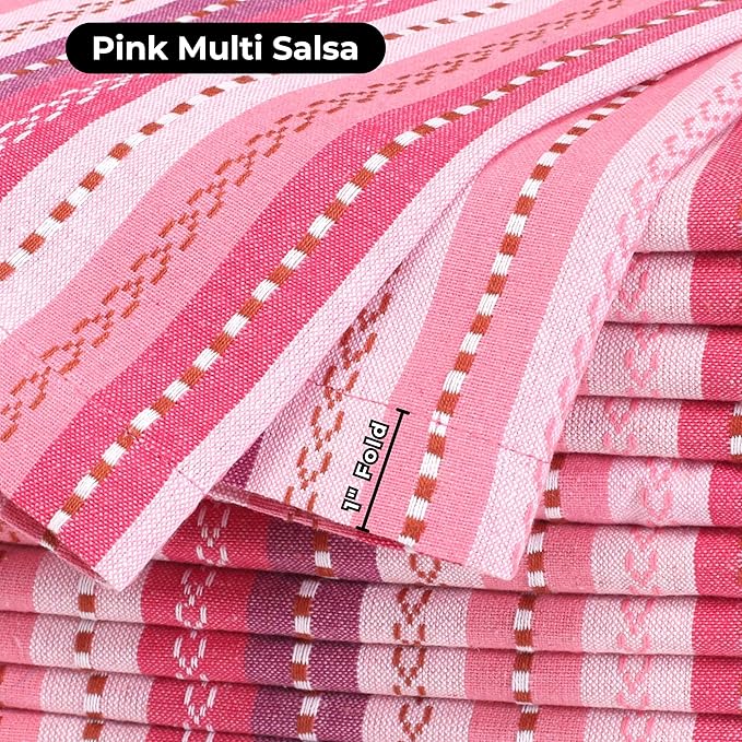 Bedding Craft Cotton Cloth Dinner Napkins Set of 12 – 18x18 Pink Multi Salsa Stripe – Reusable Machine Washable Fabric Napkins for Weddings, Parties, Kitchen & Everyday Dining