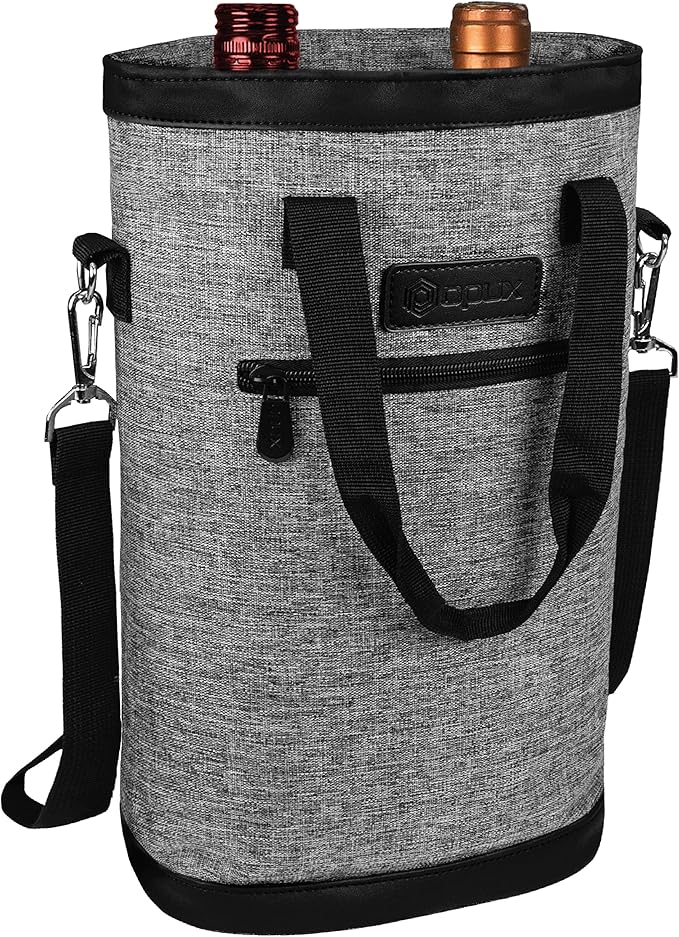 opux Two Bottle Wine Bag Carrier Tote, Insulated Leakproof 2 Bottle Wine Cooler Bag for Travel BYOB Picnic, Portable Wine Case, Gift for Men Women Wine Lover Birthday Party Christmas, Heather Grey