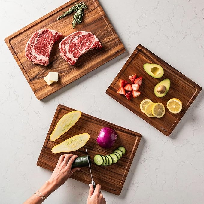 SMIRLY Walnut Wood Cutting Boards for Kitchen, Set of 3 Large - Small, Walnut Wooden Cutting Board Set with Deep Juice Grooves, Non Toxic Serving Tray