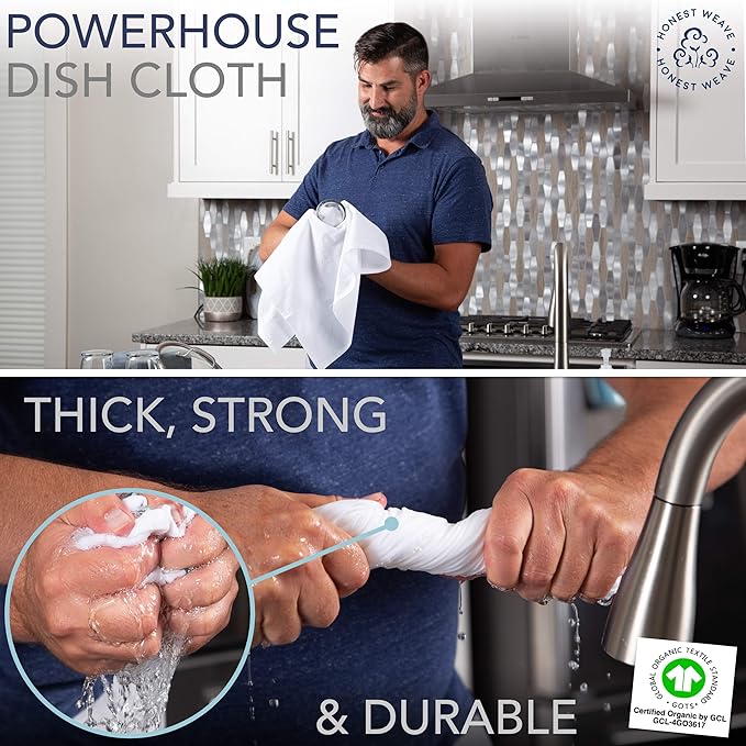 GOTS Certified 100% Organic Flour Sack Cotton Kitchen Hand and Dish Towel Sets - Extra Large 27x27 inches, Fully Hemmed, 12-Pack, White