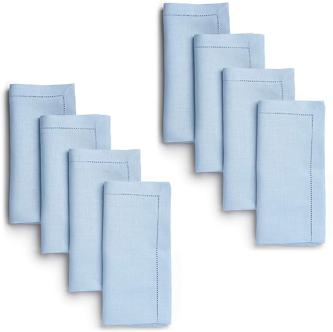 D'Moksha Homes Powder Blue Linen Napkins Set of 8 - Classic Hemstitch 100% Pure Linen Dinner Napkins Cloth 20 x 20 Inch for Fall, Thanksgiving, Holiday - Handcrafted and Machine Washable