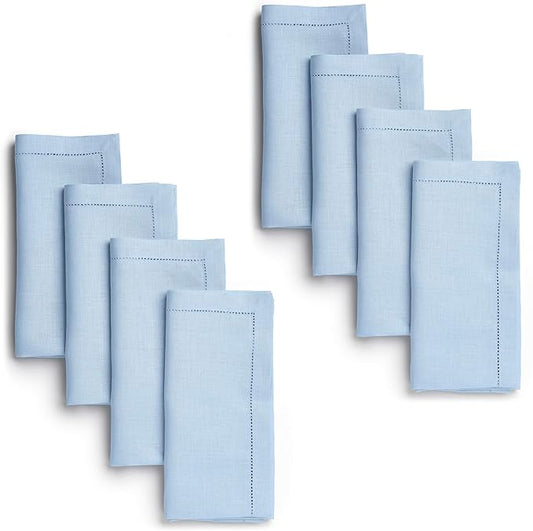 D'Moksha Homes Powder Blue Linen Napkins Set of 8 - Classic Hemstitch 100% Pure Linen Dinner Napkins Cloth 20 x 20 Inch for Fall, Thanksgiving, Holiday - Handcrafted and Machine Washable