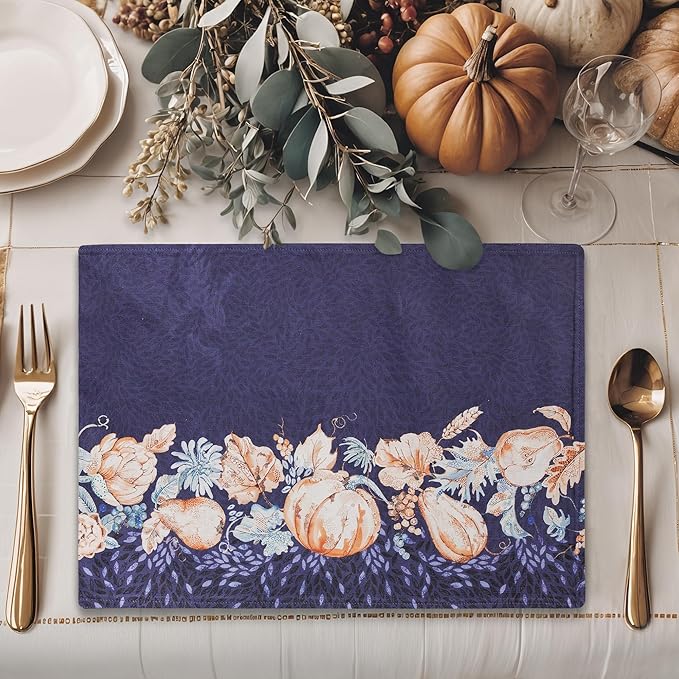 Maison d' Hermine Placemats Set of 4 100% Cotton Washable Cloth Place Mats, Reusable Table Mats for Thanksgiving Christmas Decorations Kitchen Dining Party Wedding (Pumpkin Blues, 13" x 19")
