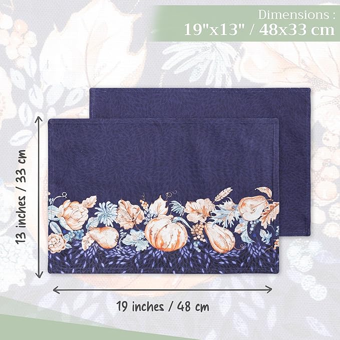 Maison d' Hermine Placemats Set of 4 100% Cotton Washable Cloth Place Mats, Reusable Table Mats for Thanksgiving Christmas Decorations Kitchen Dining Party Wedding (Pumpkin Blues, 13" x 19")