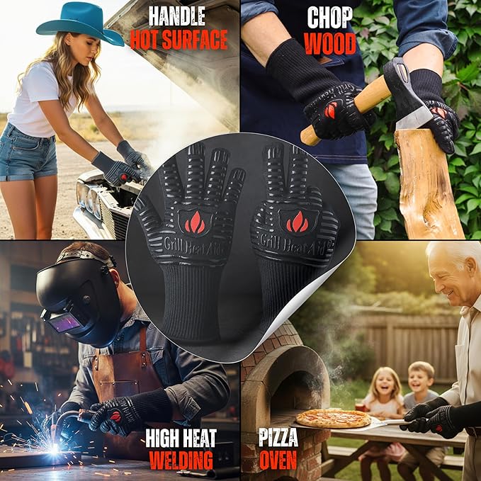 GRILL HEAT AID BBQ Grill Gloves 1472°F - Extreme Heat Resistant Oven Mitts for Grilling, Smoker & Fire Pit with Silicone Grip & EN407 Cut Resistance - Mid Cuff, Black