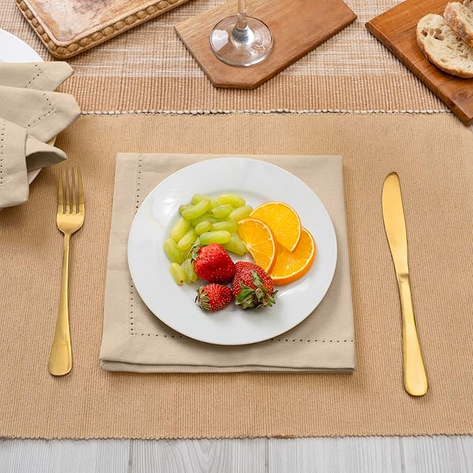 Blue Needles Set of 12 Hemstitch Linen Napkins 100% Cotton Beige Cloth Dinner Napkins 18x18 inches, Soft, Reusable, Absorbent, Washable, Ideal for Fall Thanksgiving Events, Parties & Everyday Use