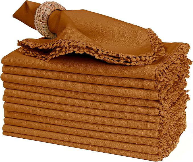 Bedding Craft Cotton Cloth Dinner Napkins Set of 12 – 18x18 Desert Sun with Decorative Lace Selvedge – Durable Machine Washable Fabric Napkins for Weddings, Baby Showers, Parties & Dining