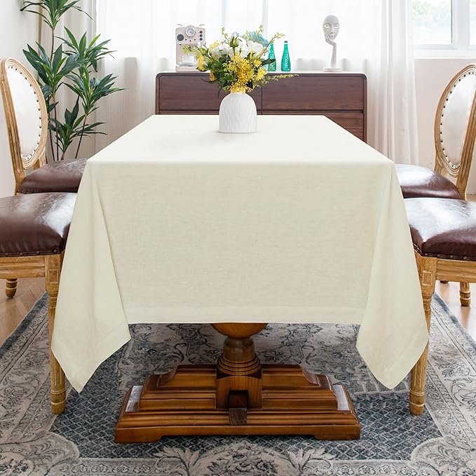 Linen World 100% Linen Tablecloth, Cream Tablecloth 108" x 60" Inch, Washable Rectangular Tablecloth for Dining, Outdoor, Weddings and Restaurants, Decorative Valentine Easter,Jacquard Weave Design