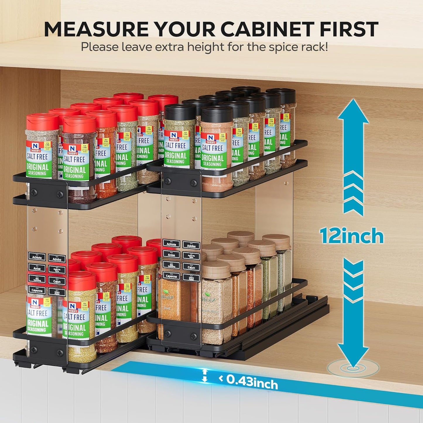 Nieifi Pull Out Spice Rack Organizer, 2 Tiers, Acrylic Transparent, Spice Organization for Cabinet, Height Adjustable, Easy to Install
