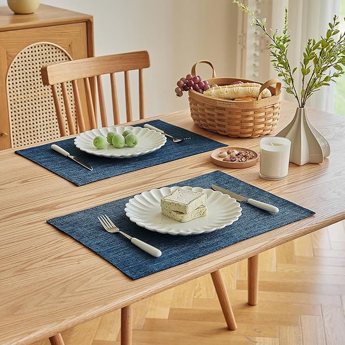 Softalker Faux Linen Placemats Set of 4-12 x 18 Inch, Heat Resistant Double Layered Durable Burlap Farmhouse Place Mats, Non-Slip Washable Rustic Table Mats for Dining, Kitchen, Party（Navy Blue
