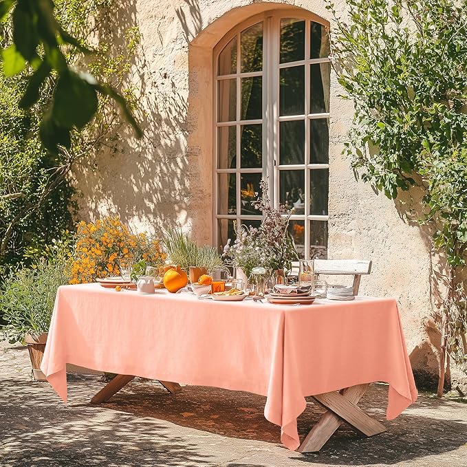 Linen World Linen Tablecloth,100% French Natural Flax Tablecloth 132" x 90" Inch,Washable Rectangular Table Cloth for Dining,Outdoor,Weddings and Restaurants,Decorative Christmas,Peach Pink