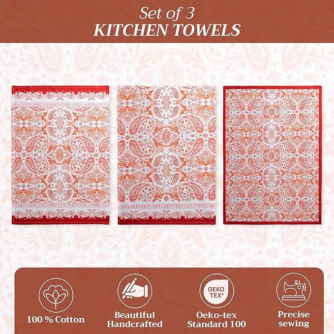 Maison d' Hermine Kitchen Towels Set of 3 100% Cotton 20" x 27.5" Reusable Cloth Tea Dish Towels Absorbent with Hanging Loop for Kitchen Dining Thanksgiving Christmas Decorations (Orient)