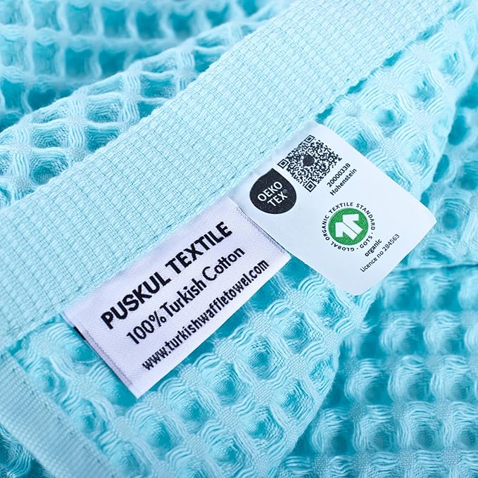 PÜSKÜL Organic Waffle Kitchen Towel 100% Turkish Cotton Set of 3 Turquoise - Premium Quality, Soft, Quick-Dry, Absorbent, Lint-Free Hand Towels 32X16 Inches (3, Turquoise)