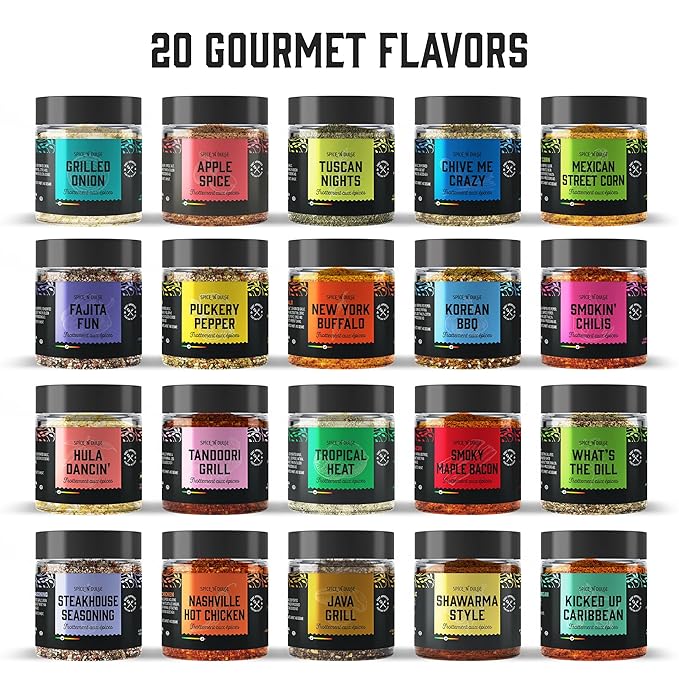Grilling Spice Set Grill Seasoning Gifts, 20 Unique Spices and Seasonings Jars Gift Set, BBQ Gifts For Men, Dad, Husband, Father, Flavors Like Chili, Cajun, Garlic, Steak, Rub, Herbs, Blend and More
