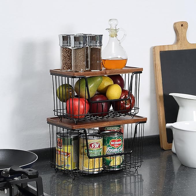 SunnyPoint Set of 2 Kitchen, Laundry & Pantry Storage Organizers – Stackable Bins with Acacia Wood Top, Large Trash Bag Holder & Standard Garbage Bag Dispenser (Acacia, BLK)