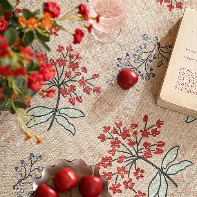 patdrea Designer Floral Linen Table Cloth Durable Breathable Tabletop Cover Dacorative Kitchen Dining Tablecloth for Round Tables for Kitchen Dining Parties,Holiday Christmas,Diameter 67"
