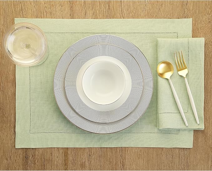 Solino Home Linen Napkins Set of 4 - Classic Hemstitch 100% Pure Linen Sage Green Dinner Napkins Cloth 20 x 20 Inch for Fall, Autumn, Thanksgiving, Christmas, Winter - Handcrafted and Machine Washable
