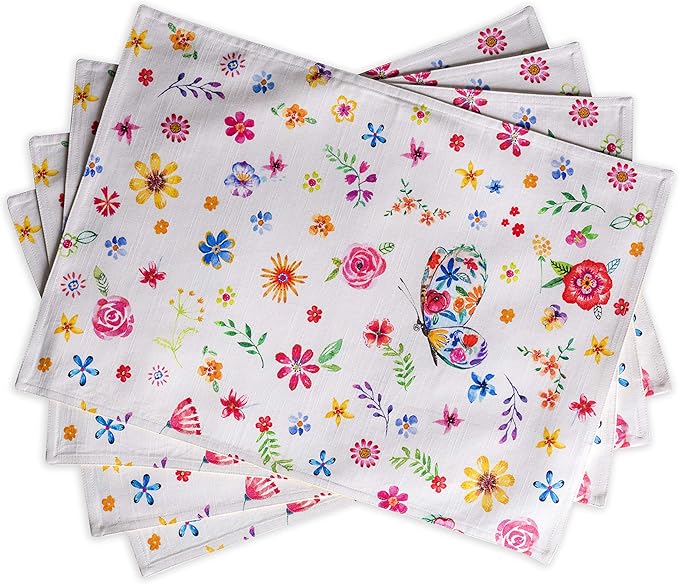 Maison d' Hermine Placemats Set of 4 100% Cotton Washable Cloth Place Mats, Reusable Table Mats for Kitchen Dining Decoration, Party, Restaurant Spring/Summer (Happy Florals - Sweety, 13" x 19")