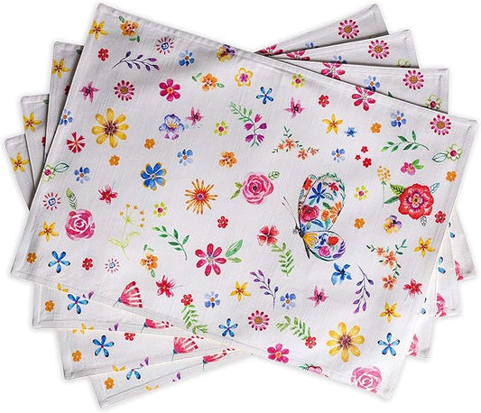 Maison d' Hermine Placemats Set of 4 100% Cotton Washable Cloth Place Mats, Reusable Table Mats for Kitchen Dining Decoration, Party, Restaurant Spring/Summer (Happy Florals - Sweety, 13" x 19")
