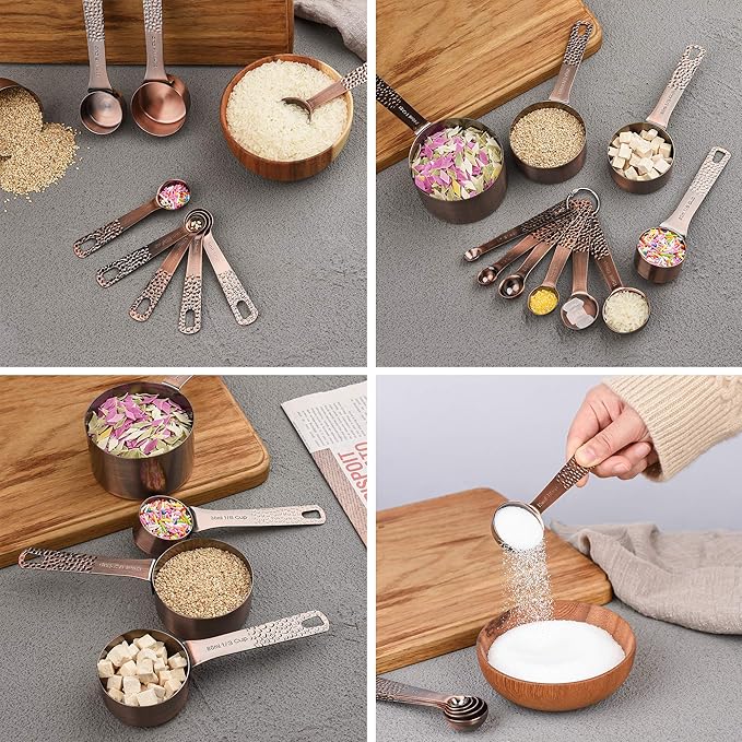 Smithcraft Copper Measuring Cups and Spoons Set 14, Stainless Steel Measuring Cups and Spoons for Baking&Kitchen, Metal Metric&US Dry&Liquid 5 Measure Cups & 6 Spoons with Leveler&Conversion Chart