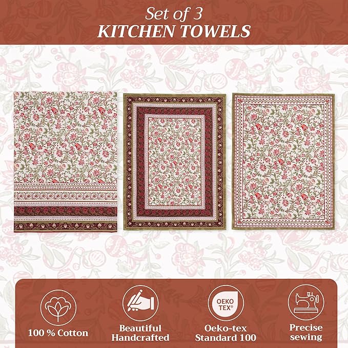 Maison d' Hermine Kitchen Towels Set of 3 100% Cotton 20" x 27.5" Reusable Cloth Tea Dish Towels Absorbent with Hanging Loop for Kitchen Dining Thanksgiving Christmas Decorations (Reveillon Au Jardin)