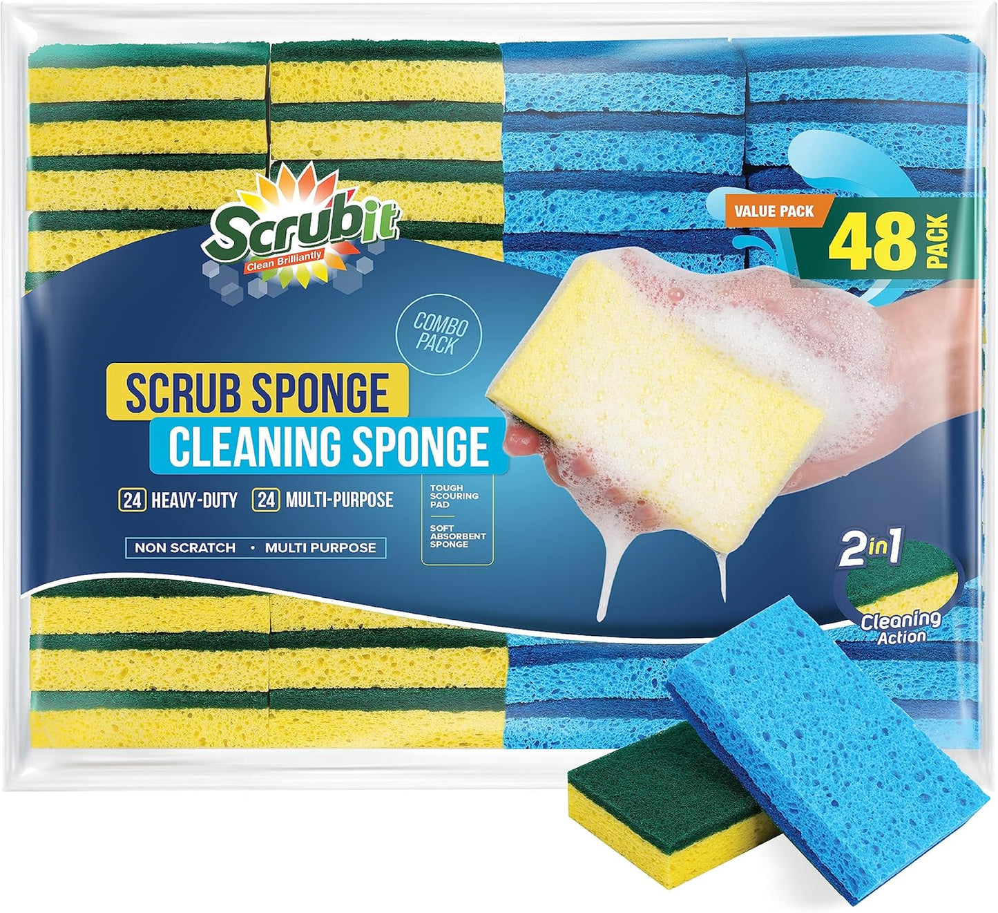 SCRUBIT 48 Pack Kitchen Sponges Dish Sponge for Washing Dishes, Kitchen & Bathroom – Blue & Yellow Dishwashing Sponges Along with A Thought Scrubber – Bulk Cleaning sponges Kitchen (Blue, Yellow)