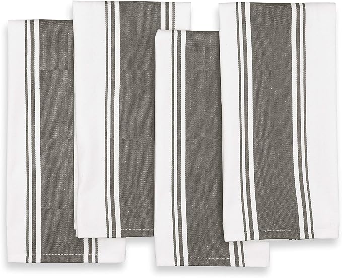 AMOUR INFINI Kitchen Towels 100% Cotton Pack of 4, Highly Absorbent Quick Drying Premium Striped Dish Towel for Kitchen with Hanging Loop Hand & Tea Towels (L.Grey)