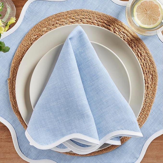 Solino Home Linen Scallop Cloth Napkins Set of 4-100% Pure Linen White and Chambray Blue Dinner Napkins 20 Inch for Christmas - Giselle Scallop Edge, Handcrafted and Machine Washable