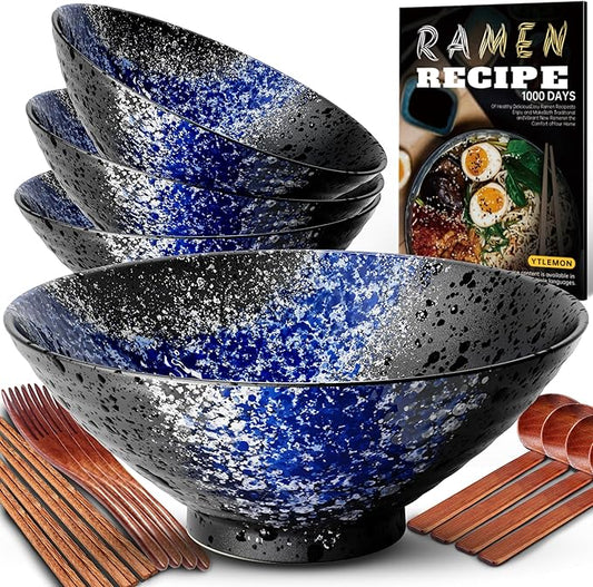 8-Inch Ceramic Ramen Bowl Set of 4 (17 Piece) - Porcelain Japanese Salad Noodles Cereal Fruit Pasta Soup Large Bowls with Recipes Chopsticks Forks Spoons for Men Women Gift Microwave Dishwasher Safe