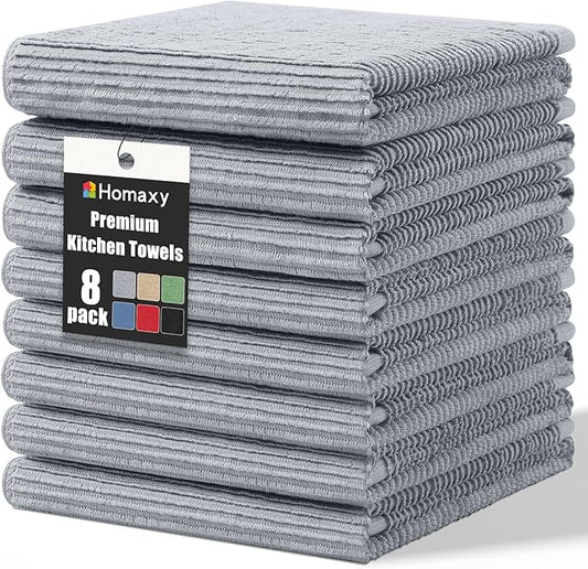 Homaxy Premium Kitchen Towels (18"x 28", 8 Pack), Large 100% Cotton Kitchen Hand Towels, Ultra Absorbent Ribbed Terry Tea Towels Set with Hanging Loop, Grey