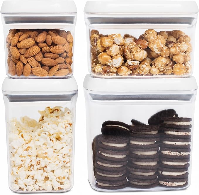 INTERNET'S BEST Spin Lock Airtight Kitchen Canisters - Food Storage Containers with Twist Lock for Sugar, Flour, Pasta, Nuts - Stackable Design - 2 Rectangular & 2 Square Clear Plastic Bins - Set of 4