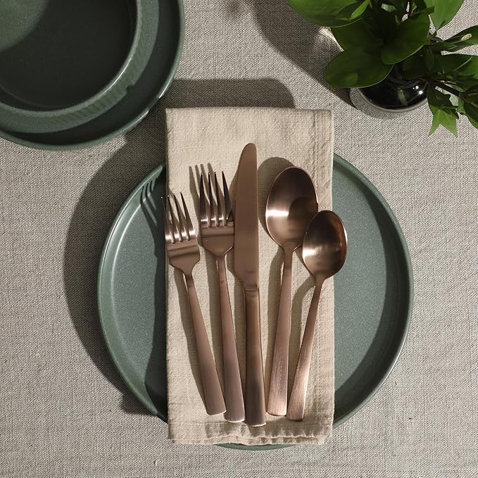 Gibson Elite Earlston 20-Piece Flatware Silverware Set - Stainless Steel Utensils - Forks, Spoons, Knives - Service for 4 - Matte Rose Gold