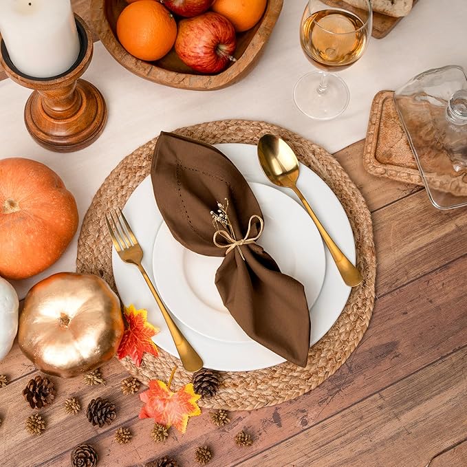Blue Needles Set of 6 Hemstitch Linen Napkins 100% Cotton Nut Brown Cloth Dinner Napkins 18x18 inches, Soft, Reusable, Absorbent, Washable, Ideal for Fall Thanksgiving Events, Parties & Everyday Use