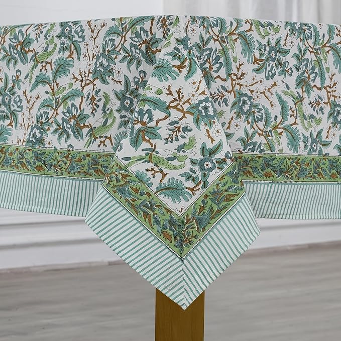 Ridhi Sage and Russian Green Hand Block Print Cotton Rectangle Tablecloth 108 x 70 inch-Reusable Table Cover Decorative Everyday Use for Dining Room, Farmhouse, Thanksgiving, Christmas Wedding, Fall