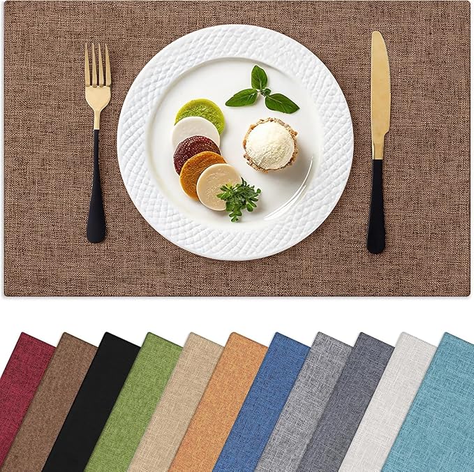 Homaxy Cloths Placemats for Dining Table Set of 6, Heat Resistant Washable Cotton Linen Blend Table Mats, Easy to Clean Place Mats for Indoor Outdoor Party Kitchen Decoration, 13" x 19", Brown