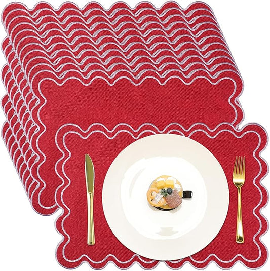12 Set Linen Placemat 13x19 Wavy Embroidery Scalloped Placemat Double Layered Washable Farmhouse Dinner Table Mat Fabric Napkin for Christmas Hotel Restaurant Wedding Party(Red)