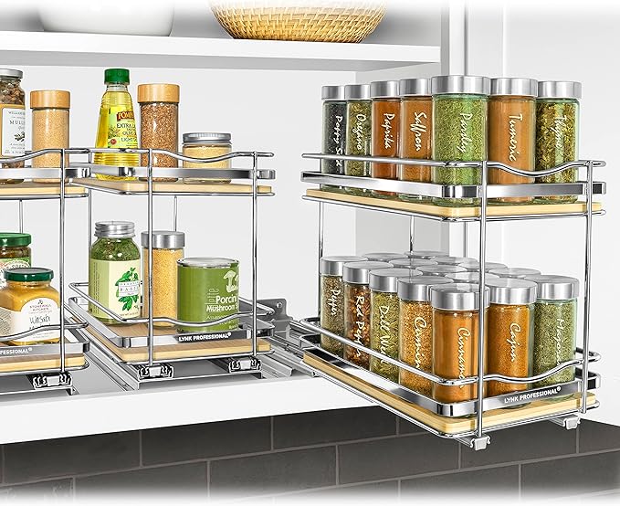 LYNK PROFESSIONAL® Élite™ Pull Out Spice Rack Organizer for Inside Kitchen Cabinets - 6-3/8 inch Wide - Slide Out Drawer – Wood/Chrome Sliding Spice Cabinet Organization Shelf Racks - 2 Tier