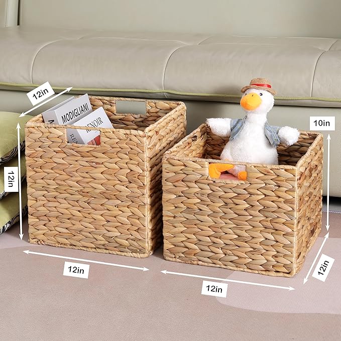 12x12x10 Water Hyacinth Storage Basket Large, Folding Cube Woven Wicker Storage Basket for Shelves, Pantry Baskets Organization and Storage, Kitchen Storage Baskets, Large Rattan Basket Set of 3
