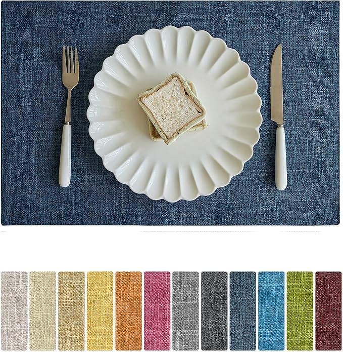 Softalker Faux Linen Placemats Set of 8-12 x 18 Inch, Heat Resistant Double Layered Durable Burlap Farmhouse Place Mats, Non-Slip Washable Rustic Table Mats for Dining, Kitchen, Party（Navy Blue